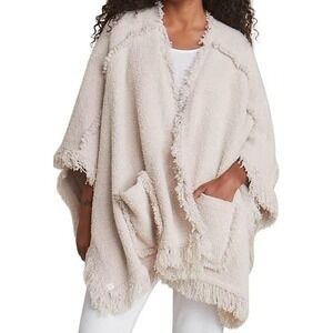 Women's Barefoot Dreams CozyChic Fringe Poncho in Stone Onesize Tassel Cardigan